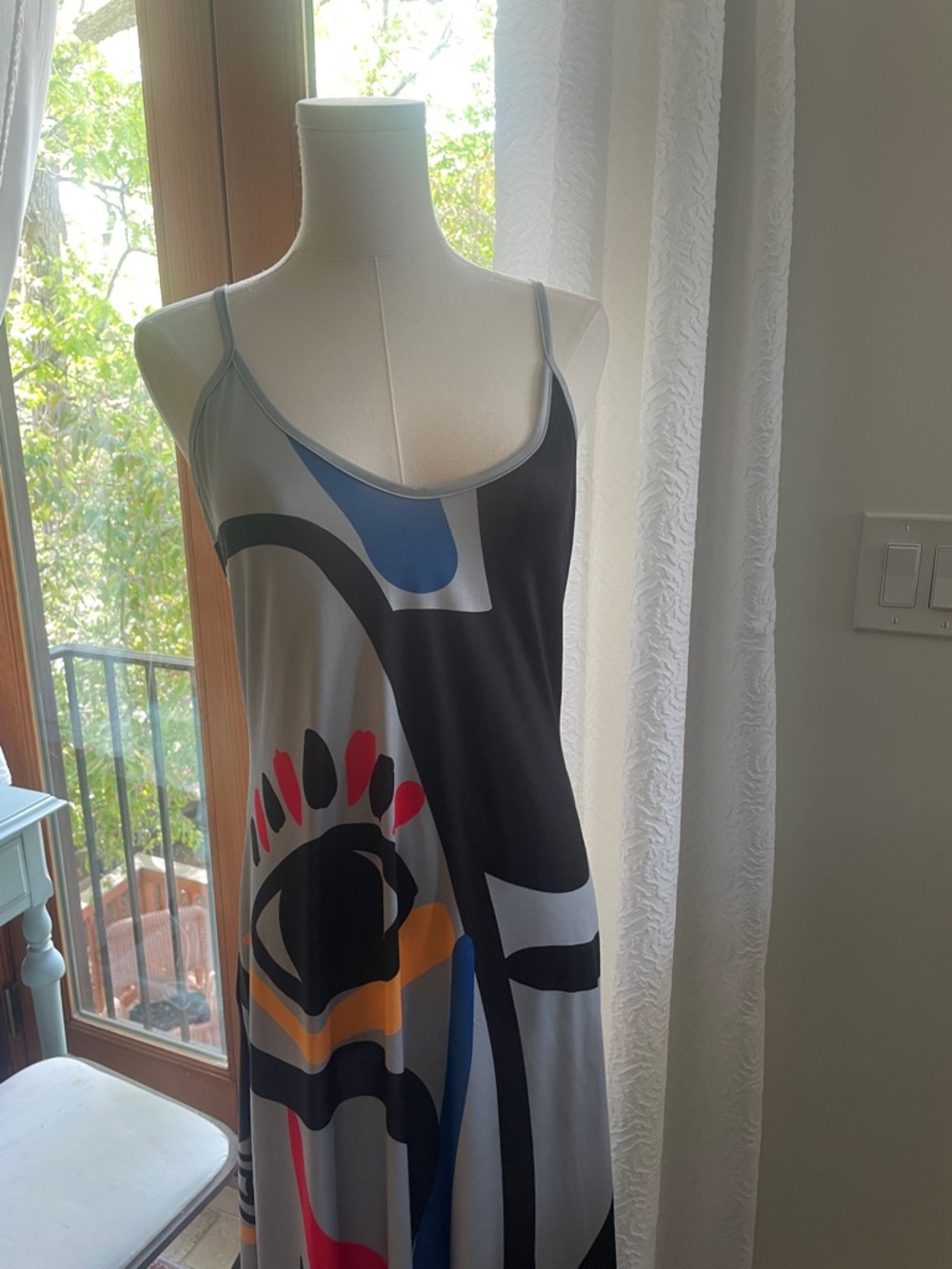Abstract Print Maxi Slip Dress in Gray with Multicolor Accents Large Art Fashion - Picture 2 of 10